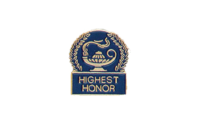 Lamp of Knowledge Highest Honor Pin with Blue Enamel Fill